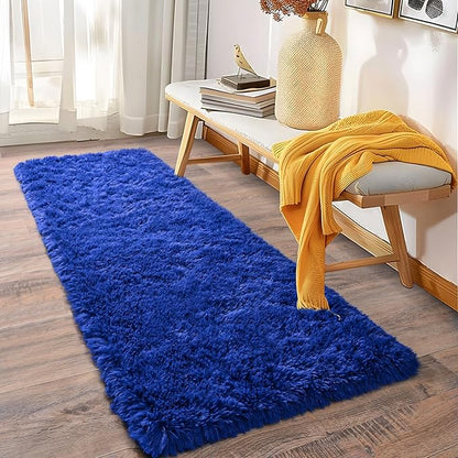 Soft Runner Rugs for Bedroom Hallways, 2 Packs 2x6 Royal Blue Fluffy Shag Throw Area Rug Non Slip for Bedside Dorm, Long Shaggy Furry Carpet for Nursery Living Room