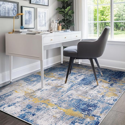 RELEANY Washable Area Rugs 4'x5' Non-Slip Modern Abstract Soft for Living Room Entryway Bedroom Nursery, Print Pattern, Grey Blue Gold/Golden