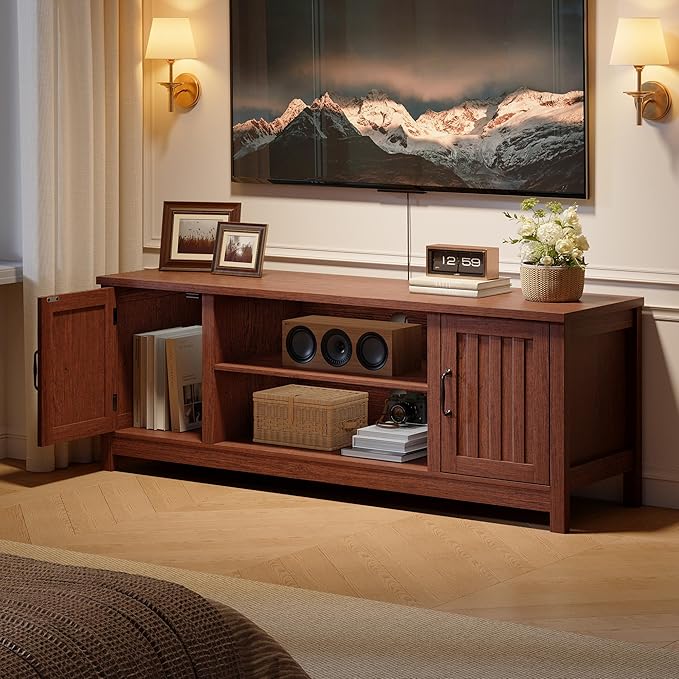 ChooChoo 54" Farmhouse TV Stand for TVs up to 65 inches, Entertainment Center with Storage Cabinets, Open Shelves and Fluted Door, TV Console Table for Living Room, Bedroom, Walnut