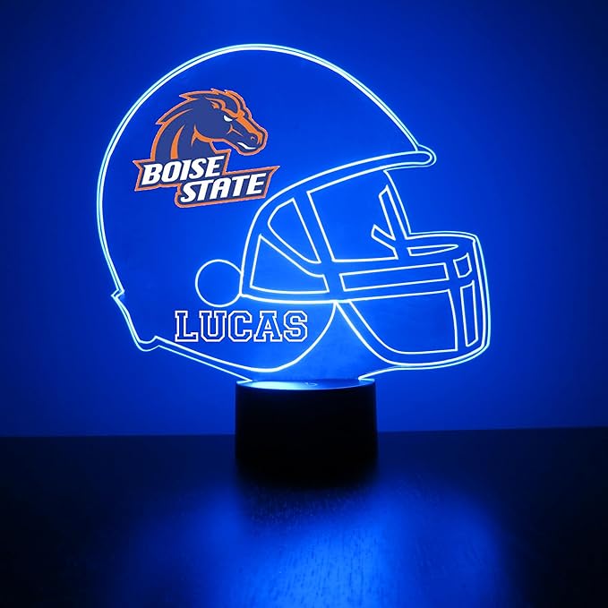 Custom Boise State University (BSU) Broncos Football Helmet LED Sign Night Light Lamp with Remote, Personalized Name, Text, Officially Licensed from The CLC by Mirror Magic Gifts, Made in The USA