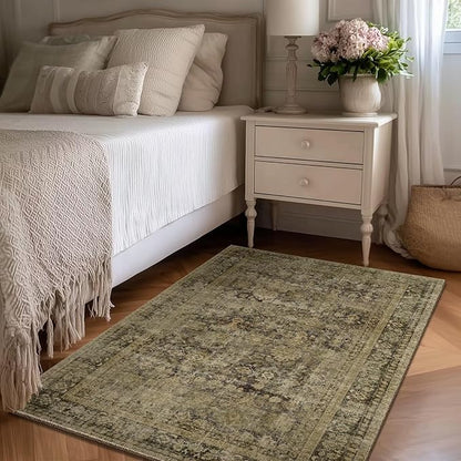 Washable 3x5 Entryway Rug, Boho Non-Slip Vintage Distress Small Rugs for Kitchen Nursery Office Bedroom, 0.3" Neutral Oriental Throw Thin Carpet with Cushioning Pad, Moss/Yellow/Multi, C3