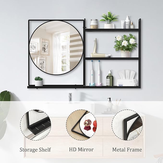 Black Metal Framed Bathroom Mirror with Shelf, 40" X 24.4" Rectangular Wall Mounted Bathroom Vanity Mirror, Modern Bathroom Mirror with Storage for Over Sink, Entryway