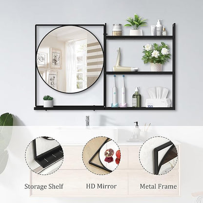 Black Metal Framed Bathroom Mirror with Shelf, 40" X 24.4" Rectangular Wall Mounted Bathroom Vanity Mirror, Modern Bathroom Mirror with Storage for Over Sink, Entryway