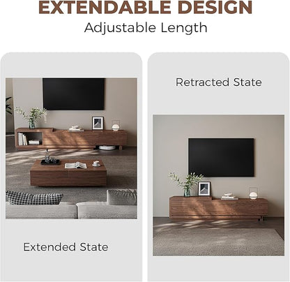 Extendable TV Stand for 65-100 Inches TVs – Walnut Entertainment Console with 3 Drawers & 1 Storage Compartment, Adjustable Length 68.5''-98.4'' (Walnut, 68.5''-98.4'')