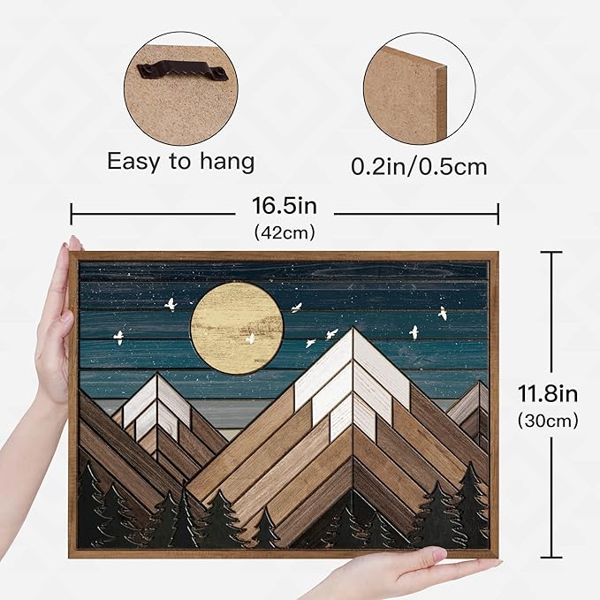 Putuo Decor Wooden Mountain Wall Art, Moon Over Mountain Nature Wilderness Wood Wall Sign Western Decor, Rustic Cabin Adventure Wall Decor for Living Room Bedroom