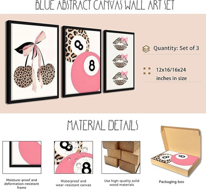 raiqtols Trendy Pink Leopard Bow Wall Art Prints Set of 3 – Funky Cherry and Lucky 8 Ball Posters, Coquette Preppy Aesthetic Pictures for Girls Bedroom Apartment Dorm Room Wall Decor – 16x24in