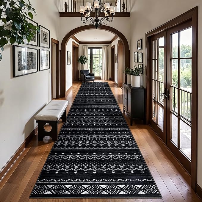 SERISSA Hallway Runner Rug, 2'6"x14' Washable Non-Slip Black and White Runners for Hallways, Soft Low-Pile Boho Geometric Indoor Long Carpet for Kitchen Entryway Laundry Bedroom Bathroom