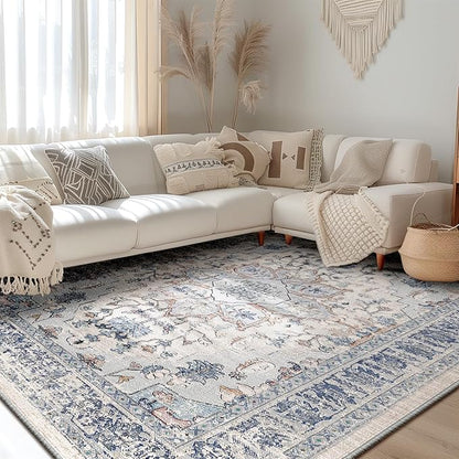 BESTSWEETIE 5x7 Area Rug Washable Rugs for Living Room, No Pile Boho Carpet for Entryway Bedroom Dinning Room, Vintage Carpet Print Distressed Non-Slip, 5 x 7 ft, Beige Blue