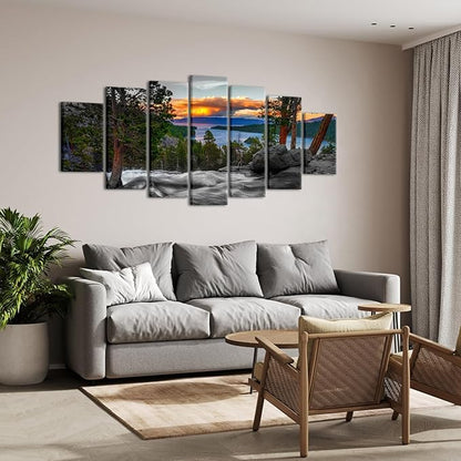 LevvArts California Sunset Picture Wall Art Emerald Bay Lake Tahoe Landscape Canvas Print USA Nature Scenery Poster Artwork Huge 7 Pieces