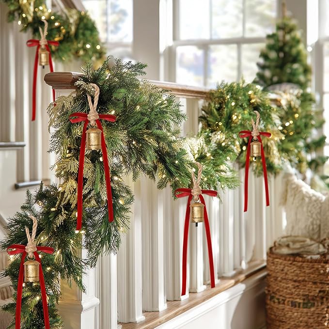 Suncalla 6 Pcs Rustic Gold Bells with 6 Pcs Burgundy Velvet Bows Mini Handmade Hanging Ornament Decorative Antique Bells Velvet Bows for Xmas Tree Crafts Door Wreath Decoration DIY Party Supplies