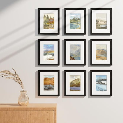 Vittanly 8x10 Picture Frames Set of 9, Shatter Resistant Plexiglass, Display 5x7 Pictures with Mat or 8x10 without Mat, Photo Frames for Wall or Tabletop, Engineered Wood, Black (Pack of 2)