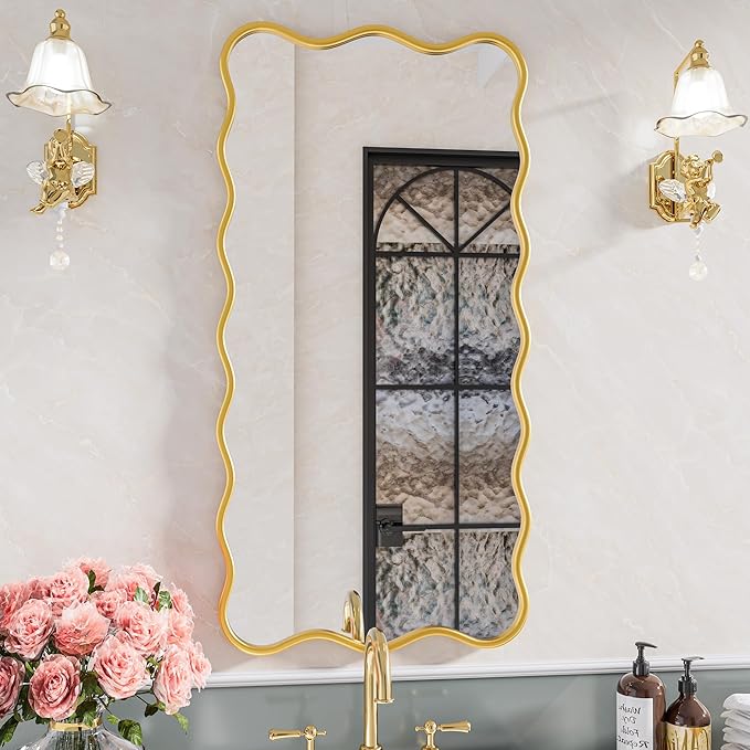 PROHOMEWARE 24 * 48" Gold Bathroom Mirror for Wall,Wavy Rectangular Mirror,Vanity Mirror,Bathroom Mirrors for Wall,Wall-Mounted Metal Frame Mirror for Bedroom Entryway Living Room Farmhouse (Gold)