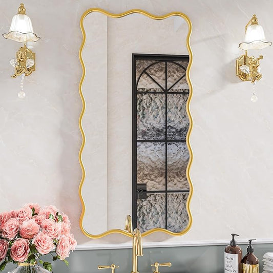 PROHOMEWARE 24 * 48" Gold Bathroom Mirror for Wall,Wavy Rectangular Mirror,Vanity Mirror,Bathroom Mirrors for Wall,Wall-Mounted Metal Frame Mirror for Bedroom Entryway Living Room Farmhouse (Gold)