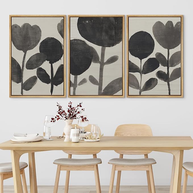 SIGNLEADER Framed Canvas Print Wall Art Set Black Ink Floral Silhouette Neutral Illustrations Minimal Decorative Bohemian Nordic for Living Room, Bedroom, Office - 24"x36"x3 NATURAL