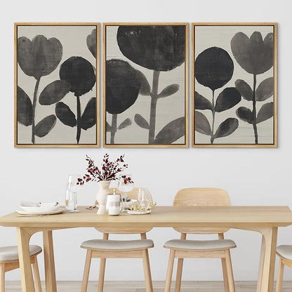 SIGNLEADER Framed Canvas Print Wall Art Set Black Ink Floral Silhouette Neutral Illustrations Minimal Decorative Bohemian Nordic for Living Room, Bedroom, Office - 24"x36"x3 NATURAL
