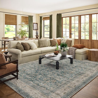 10x12 Large Rugs for Living Room: Washable Living Room Rug Stain Resistant Non Slip Distressed Vintage Carpet Low Pile Faux Wool Soft Rugs for Bedroom Farmhouse Dining Room Kids Playroom Nursery