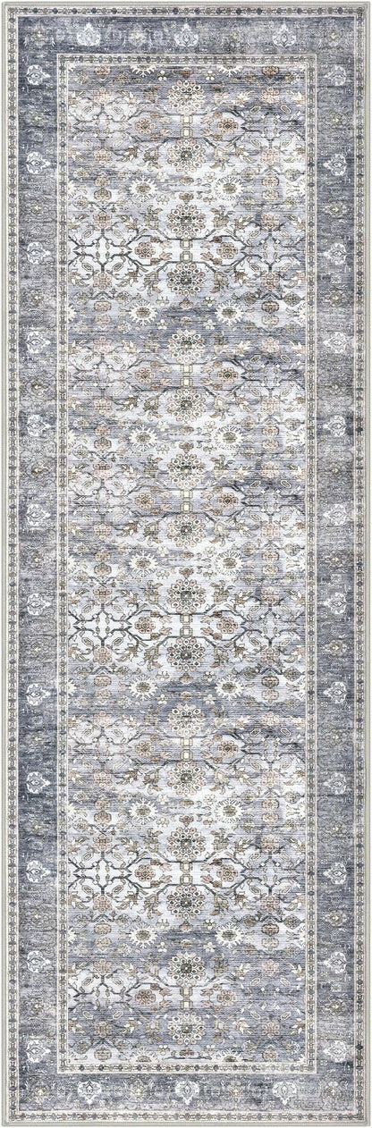 KUTA Vintage Washable Runner Rug, 2.6x8 Grey Blue Runners for Hallways Non-Slip Kitchen Rugs Ultra Thin Soft Printed Distressed Oriental Floral Floor Carpet for Laundry Bedroom Living Room Nursery