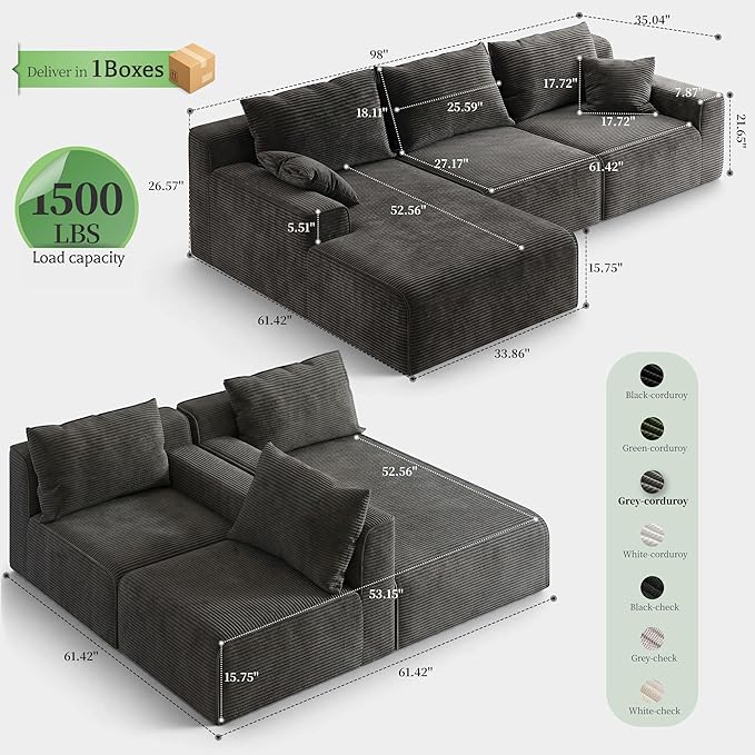Homkdom Boneless Modular Sectional Couch, Cloud Couch L-Shaped Sofa with 61.5" Deep Seat & Left Facing Chaise – Deep Grey, 6 Configurations for Small Space Apartment, No Assembly