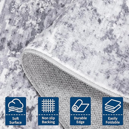 ROYHOME Modern Abstract Runner Rug 2x5 Washable Non Slip Stain Resistant Rug for Bedroom Living Room Non Shedding Low Pile Indoor Floor Cover,Light Grey