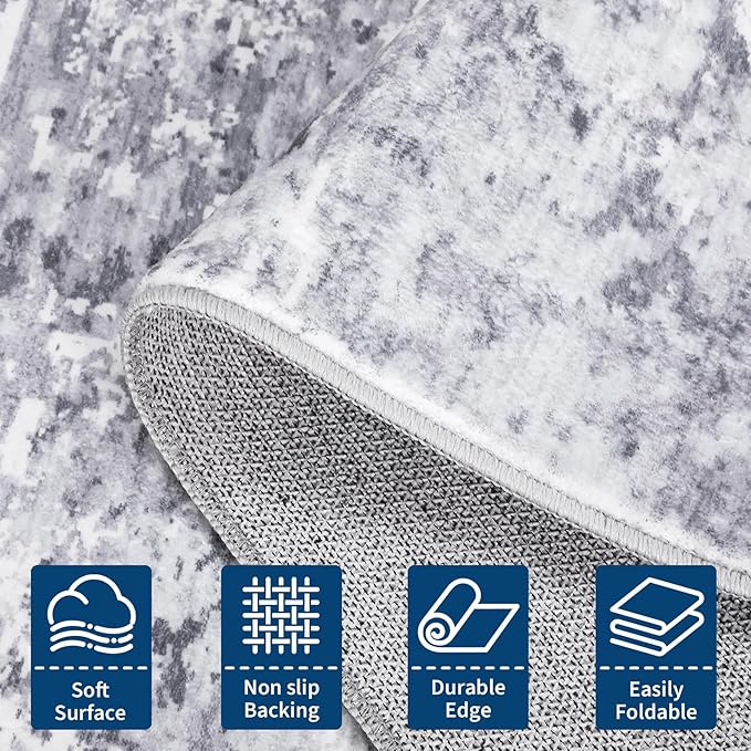 ROYHOME Modern Abstract Runner Rug 2x7 Washable Non Slip Stain Resistant Rug for Bedroom Living Room Non Shedding Low Pile Indoor Floor Cover,Light Grey