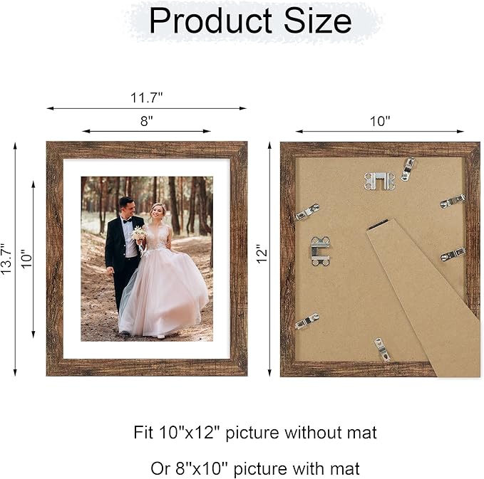 iRahmen 10x12 Picture Frame with Mat 8x10 - High Definition Tempered Glass Wooden Photo Frames for Tabletop Display and Wall Mounting (Brown, Set of 2)