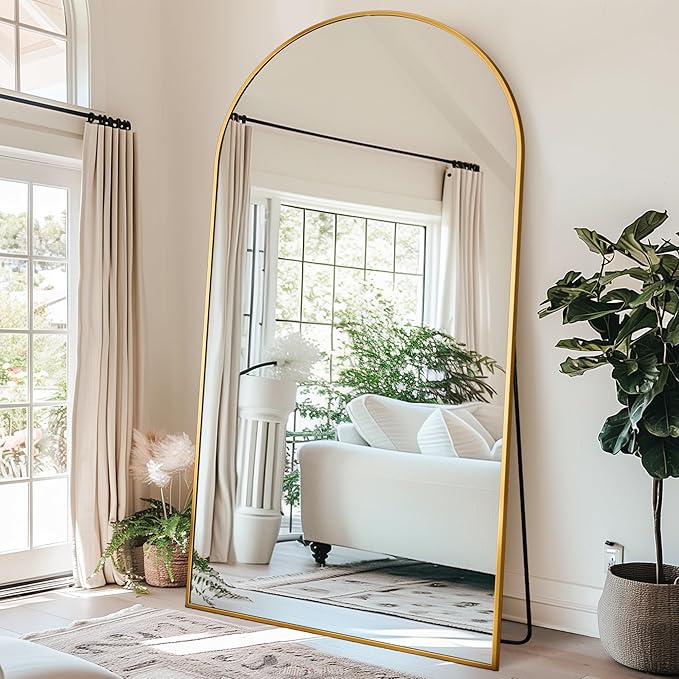 Antok Oversized Full Length Mirror with Stand, 91"x46" Arched Floor Mirror, Aluminum Frame, Wall Mounted/Leaning/Free Standing, Large Body Mirror for Bedroom Living Room Entryway Dressing Room,Gold
