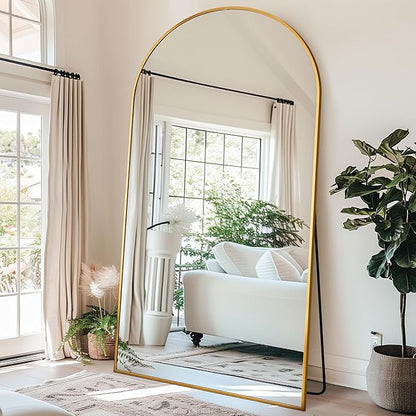 Antok Oversized Full Length Mirror with Stand, 91"x46" Arched Floor Mirror, Aluminum Frame, Wall Mounted/Leaning/Free Standing, Large Body Mirror for Bedroom Living Room Entryway Dressing Room,Gold