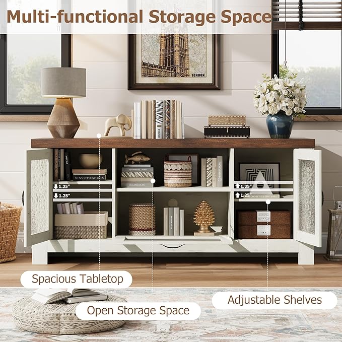 Farmhouse TV Stand for 60 Inch TVs, Wood Entertainment Center with Acrylic Door Storage Cabinets, Adjustable Shelves, Sturdy TV Console Table for Living Room Bedroom, Rustic White