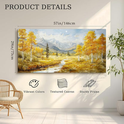 crmotu Mountain Forest Wall Art, Riverside Birch Tree Oversized Paintings, Nature Landscape Pictures Art Prints, Modern Large Wall Decor Living Room Bedroom Office Farmhouse Canvas Artwork 29x57inch