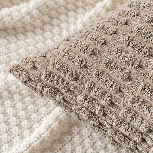 MIULEE Pack of 2 Corduroy Decorative Euro Sham Throw Pillow Covers 22x22 Inch Soft Boho Striped Pillow Covers Modern Farmhouse Home Decor for Sofa Living Room Couch Bed Light Brown