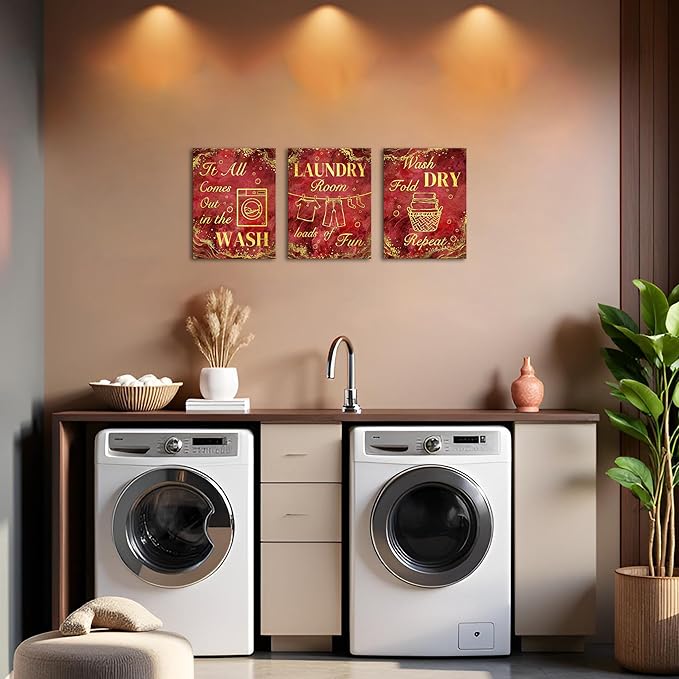 sechars Laundry Room Wall Art Wash Dry Fold Laundry Sign Painting Canvas Prints Red and Gold Bathroom Laundry Decor (Red)