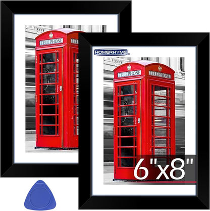 6x8 Picture Frame, Black Photo Frame for Tabletop or Wall Display, Display Pictures 5x7 with Mat or 6x8 Without, Frame Collage with HD Plexiglass for Wall Gallery Decor, 2 Pack with Gadget