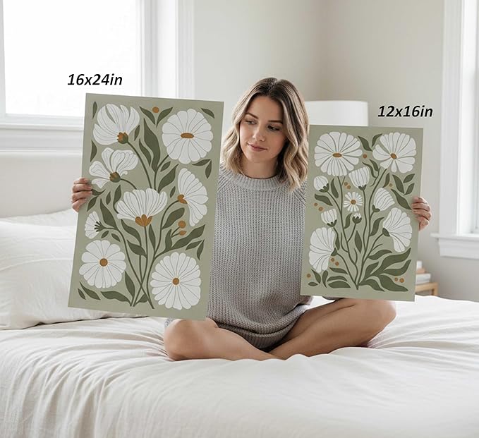 3Pcs Boho Wildflowers Canvas Wall Art Sage Green Bohemia Abstract Floral Botanical Painting Picture Wall Decor Poster Print Artwork for Living Room Bedroom Bathroom Home Decoration Unframed