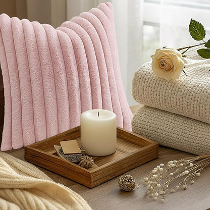 decorUhome Summer Cozy Faux Fur Throw Pillow Covers 24x24 Set of 2 Decorative Soft Plush Striped Modern Farmhouse Boho Couch Euro Sham Pillow Cases with Velvet Back for Sofa Bed Living Room, Pink