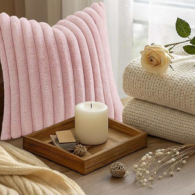 decorUhome Summer Cozy Faux Fur Throw Pillow Covers 12x20 Set of 2 Decorative Soft Plush Striped Lumbar Modern Farmhouse Boho Couch Pillow Cases with Velvet Back for Sofa Bed Living Room, Pink