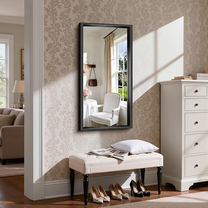 CIRCUMI 20"x40" Brushed Black Mirror with Chunky Box Metal Frame, Bathroom Mirror for Vanity Remodel & New Home, Living Room, Entryway, Rectangular Wall Mirror, Tempered Glass, Vertical or Horizontal
