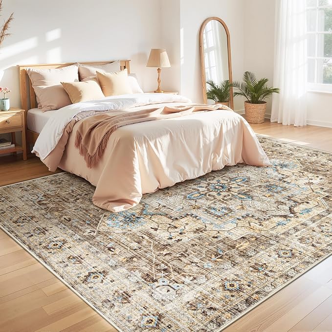 Area Rug 9x12 Vintage Rug: Large Washable Indoor Medallion Rugs Low Pile Distressed Floor Carpet Retro Accent Rug for Living Room Bedroom Kitchen Dining Table Home Office(Brown/Blue, 9'x12')
