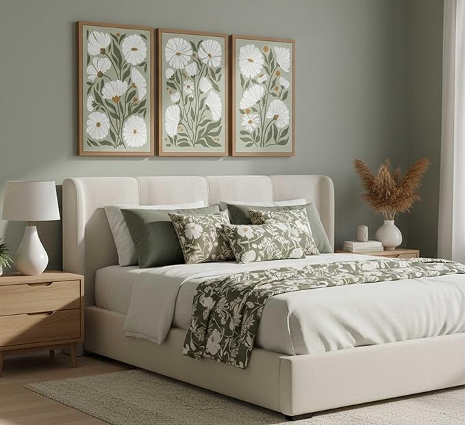 3Pcs Boho Wildflowers Canvas Wall Art Sage Green Bohemia Abstract Floral Botanical Painting Picture Wall Decor Poster Print Artwork for Living Room Bedroom Bathroom Home Decoration Unframed