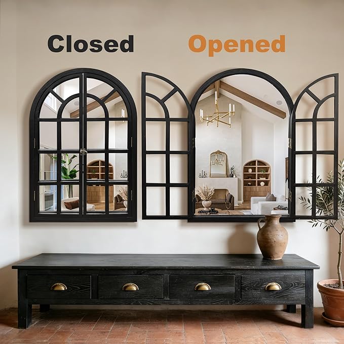 TRAHOME Arched Windowpane Mirror, 28"x40" Black Wood Frame Rustic Farmhouse Wall Mirror, Vintage Decorative Window Mirror for Living Room, Entryway, Bathroom