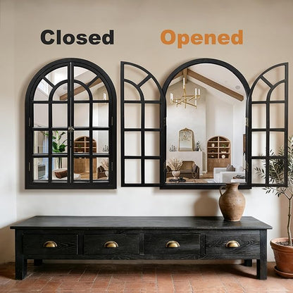 TRAHOME Arched Windowpane Mirror, 28"x40" Black Wood Frame Rustic Farmhouse Wall Mirror, Vintage Decorative Window Mirror for Living Room, Entryway, Bathroom