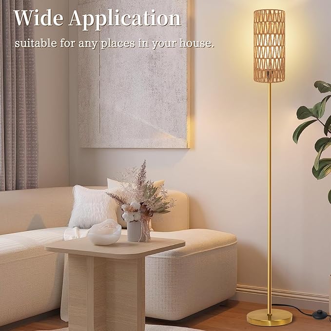 Ruiever Floor Lamp for Living Room,Farmhouse Floor lamp,Modern Standing lamp with Hand-Worked Rattan Shade (Round Rattan Shade Gold Color-3 Color Bulb)