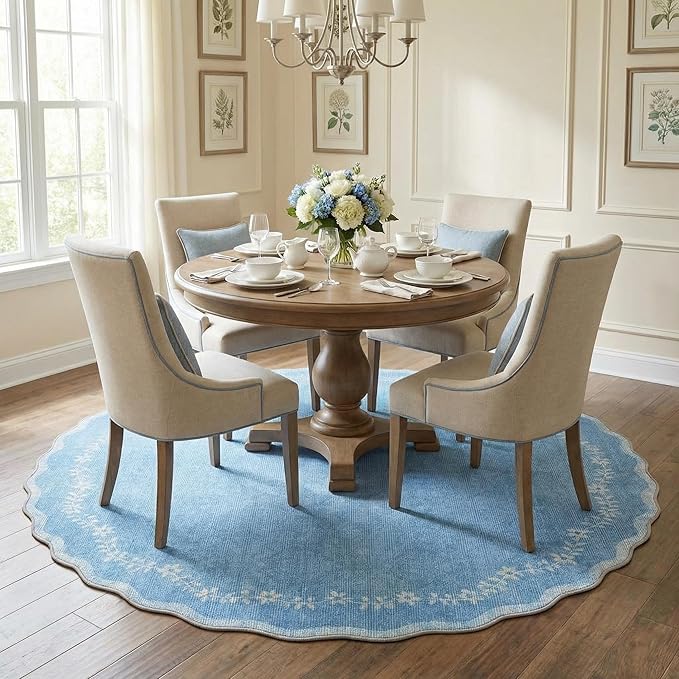 GarveeHome Round Area Rugs 5ft for Bedroom, Solid Blue Washable Circle Rug Soft Non Slip Floral Print Floor Mat Carpet Indoor Thin Rug for Kids Room Dining Room Playroom Nursery