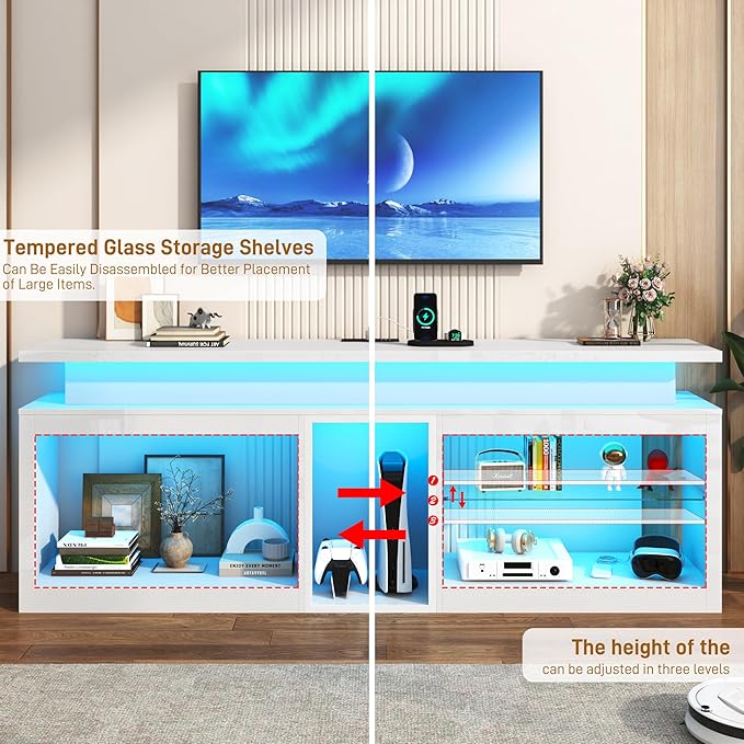 71" LED TV Stand with Power Outlet,60-Colors LED Lights For 65 70 80 in TV,High Gloss Gaming Entertainment Center w/Adjustable Shelves,White TV Console with Modern Design for Living Room Bedroom