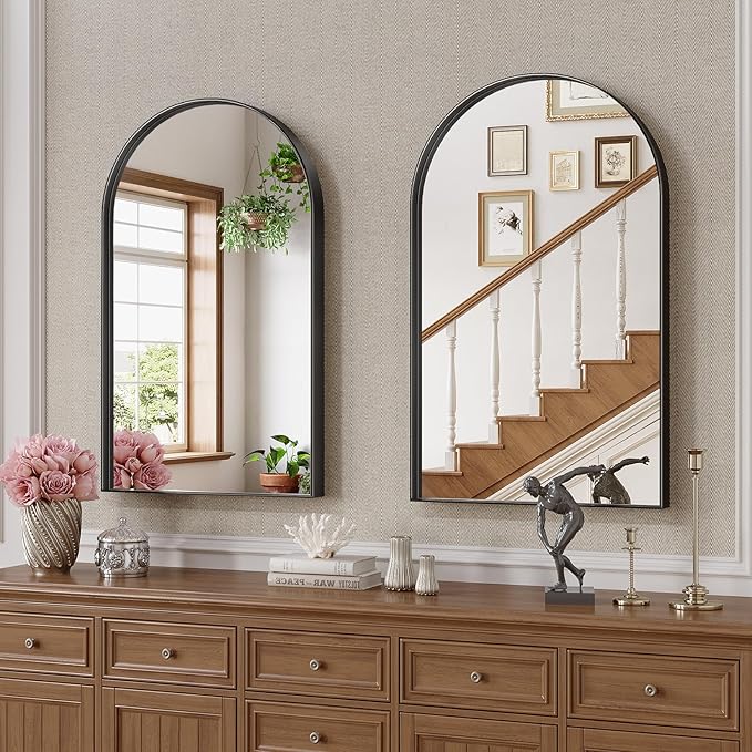 Arched Bathroom Mirrors Set of 2, 24x40 Black Rust-Resistant Metal Frame Vanity Mirror, HD Shatter-Resistant Wall Mirror for Over Sink, Modern Bathroom Mirror for Bedroom, Entryway, Living Room