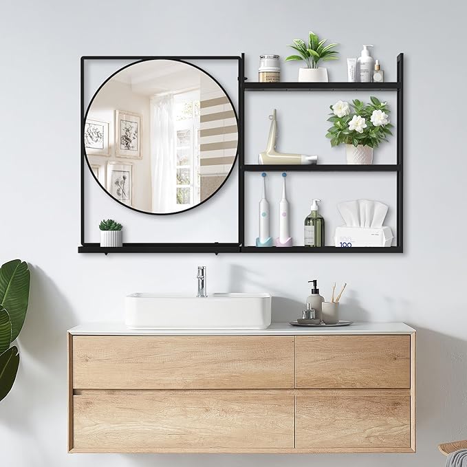 Black Metal Framed Bathroom Mirror with Shelf, 40" X 24.4" Rectangular Wall Mounted Bathroom Vanity Mirror, Modern Bathroom Mirror with Storage for Over Sink, Entryway
