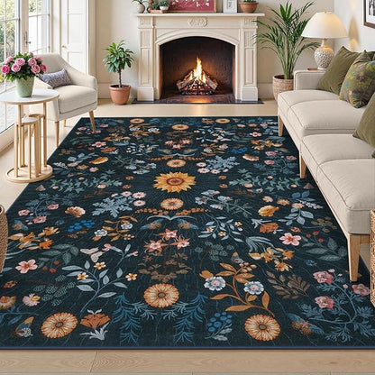 LIVEBOX Sunflower Botanical Washable 8x10 Area Rugs, Blue Rug for Living Room, Non Slip Rugs for Bedroom, Boho Floral Indoor Throw Dining Room Carpet for Under Table Home Office Nursery Playroom