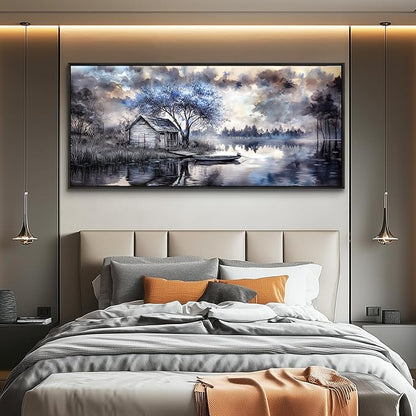ERQINHUA Large Canvas Blue Tree Lakeside Landscape Painting Wall Decor For Living Room Restaurant Wall Art For Office Bedroom Artwork Pictures Modern Home Decor Ready To Hang Black Framed 32x72 In