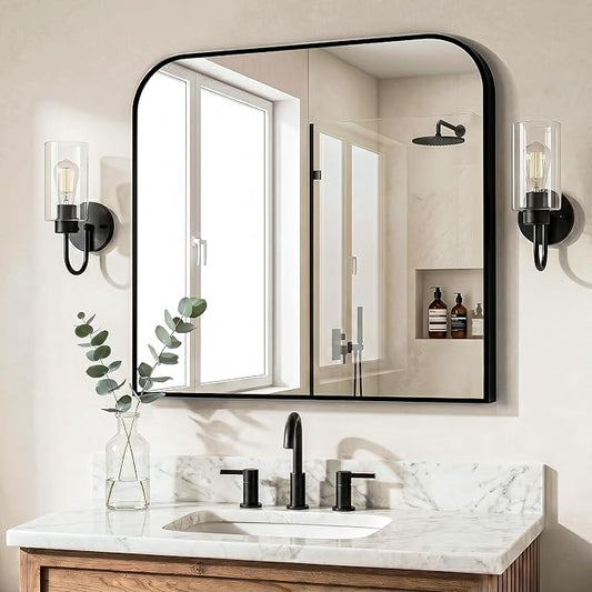Bathroom Vanity Mirror for Wall, 30" x 30" Black Metal Framed Bathroom Mirror for Over Sink, Living Room, Bedroom, Entryway, Mantel, Fireplace Decor