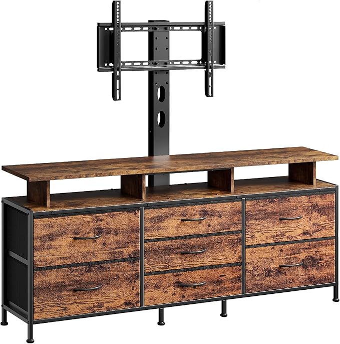 REAHOME TV Stand with Mount, 63" Entertainment Center for 32/45/55/60/65/70 inch TVs, Media Console Table with 7 Drawers, Height Adjustable Mount, Dresser TV Stand for Living Room, Rustic Brown