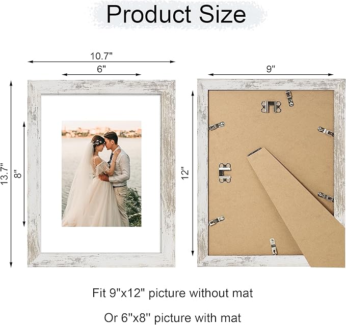 iRahmen 9x12 Picture Frame with Mat 6x8 - High Definition Tempered Glass Wooden Photo Frames for Tabletop Display and Wall Mounting (Distressed-White, Set of 2)